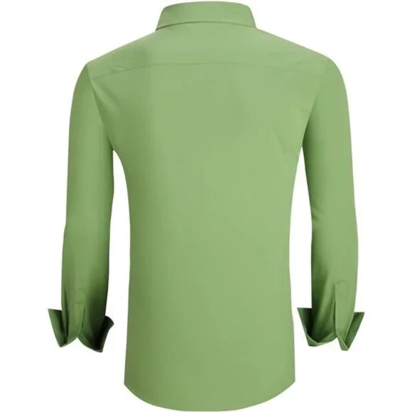 Mens Dress Shirt Wrinkle Free Regular Fit 4-Way Stretch Lt Green Casual Button Down Shirts